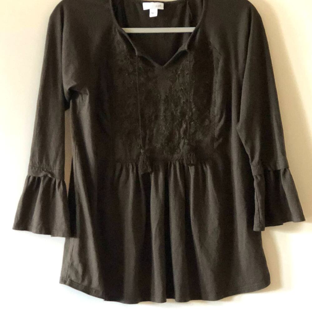 J. Jill Small Popover Top Green Boho Bell Sleeve Peplum Shirt Blouse